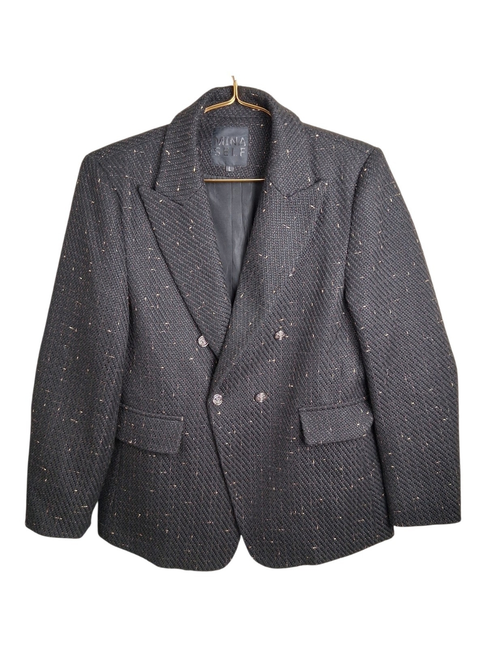 Mina Self Womens Large Black/Gold Sparkle Tweed Double Breasted Button Blazer